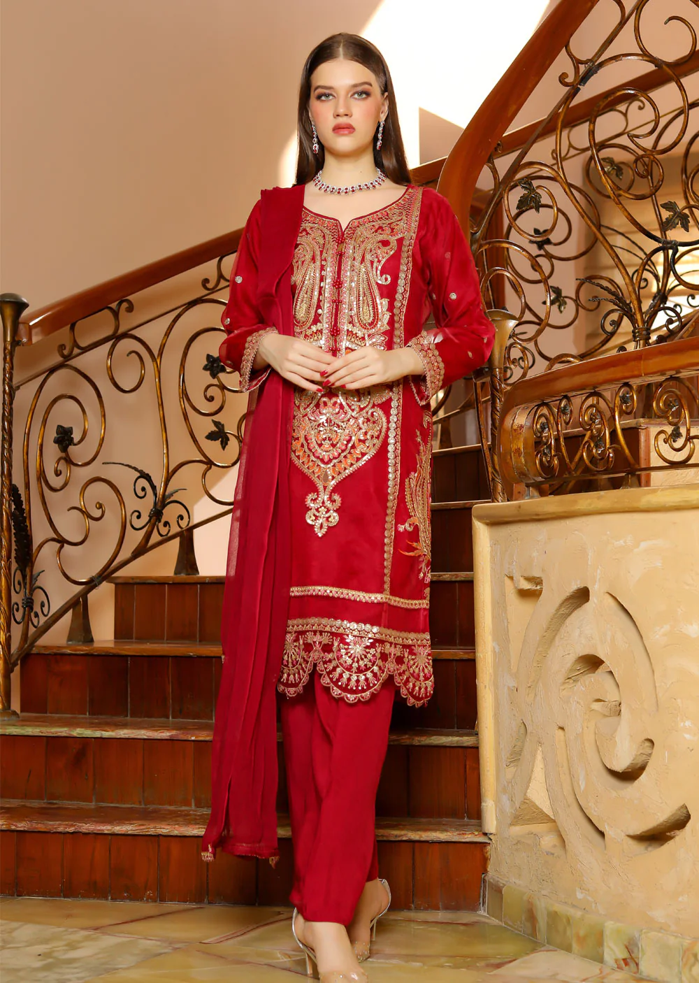 KLD327 Seba - Red Readymade Organza suit