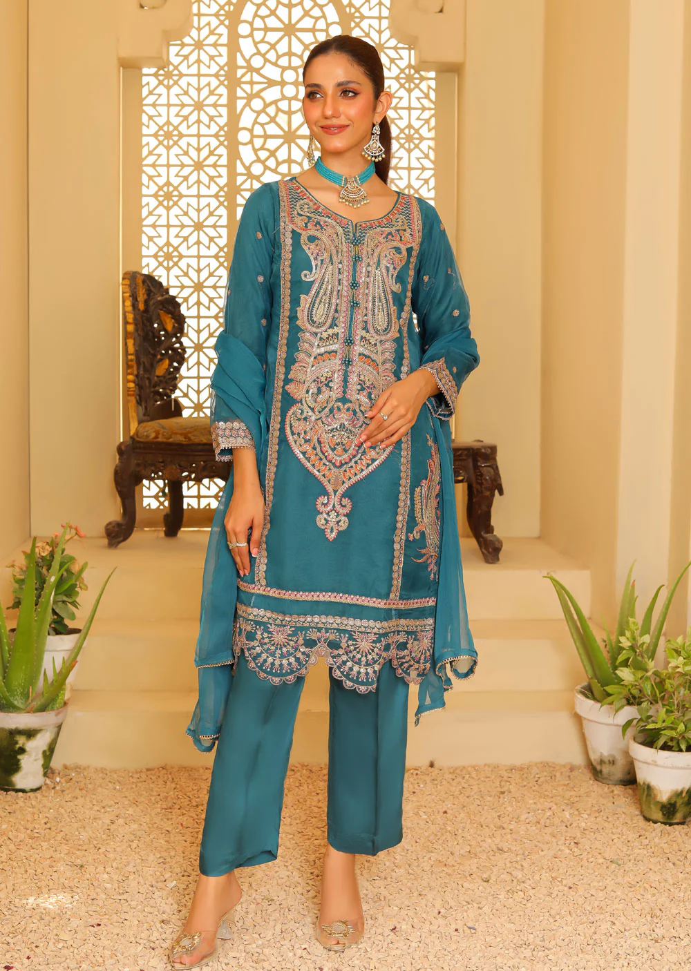 KLD327 Seba - TEAL Readymade Organza suit