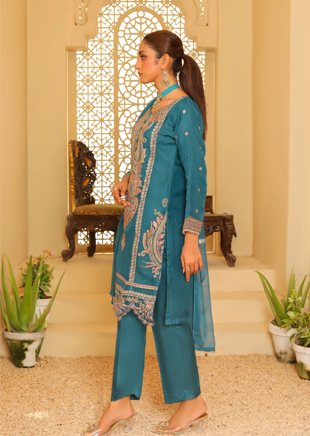 KLD327 Seba - TEAL Readymade Organza suit - Image 2