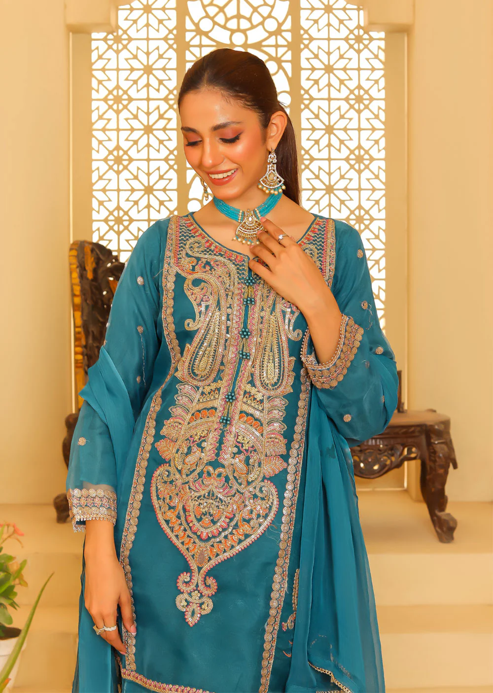KLD327 Seba - TEAL Readymade Organza suit - Image 3