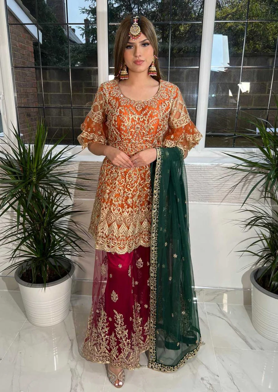LKSH2202 Orange Readymade Net Wedding Outfit