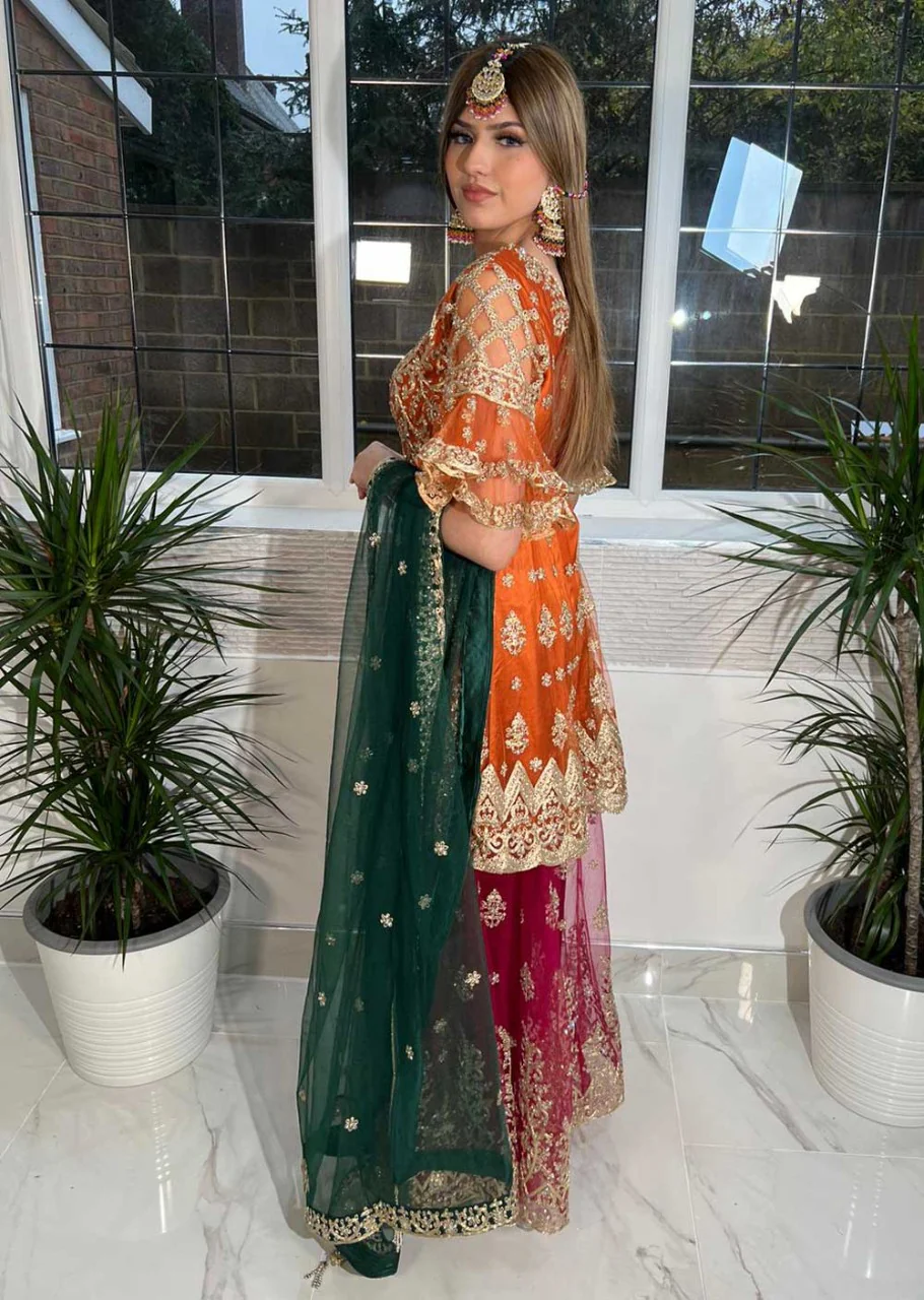 LKSH2202 Orange Readymade Net Wedding Outfit - Image 2