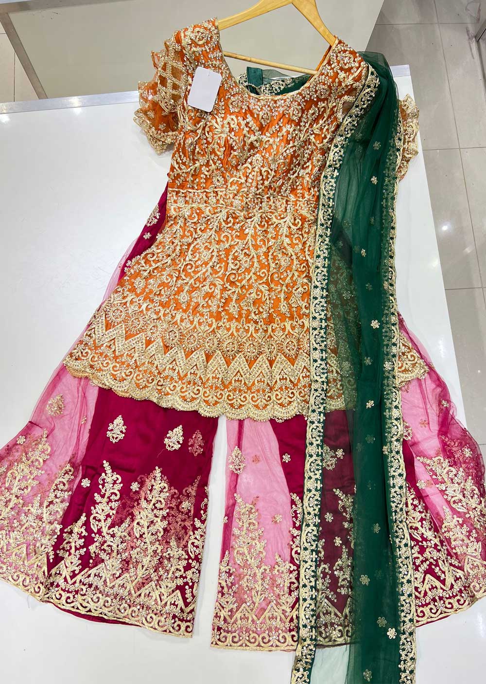 LKSH2202 Orange Readymade Net Wedding Outfit - Image 3