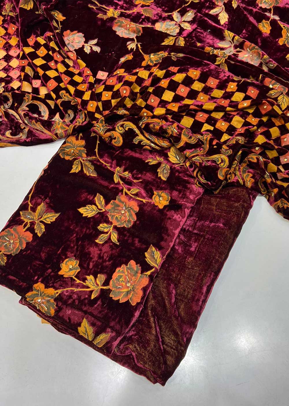 MP809 Maroon Unstitched Velvet Palachi Suit