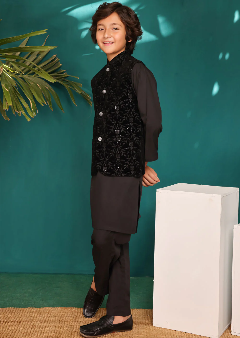NF2102 Father & Son Black Velvet Waist Coat - Image 5