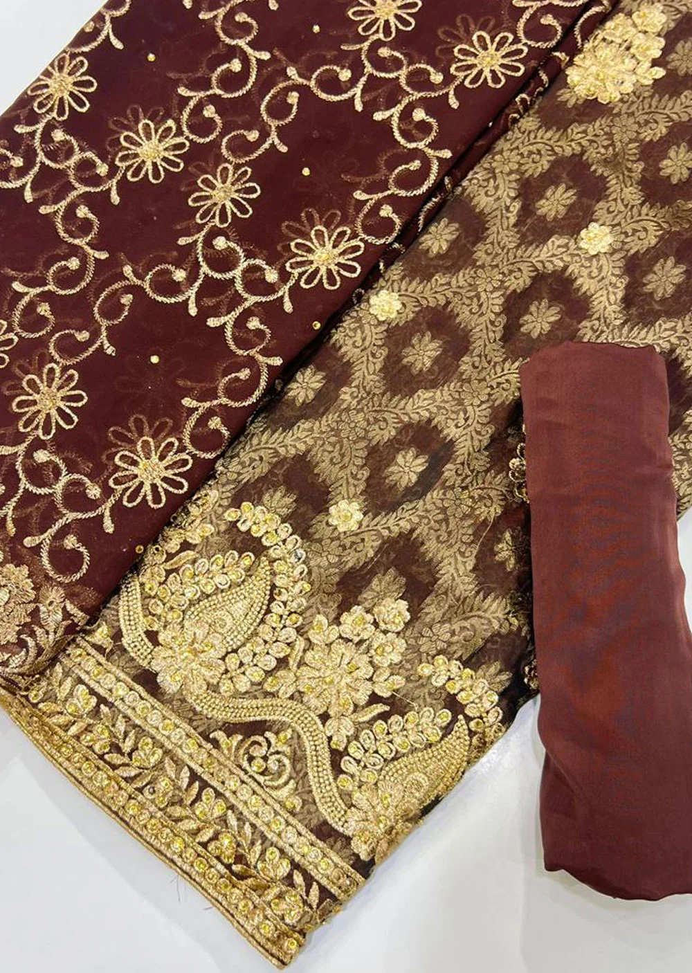 OP1480 Brown Unstitched Chiffon Jammawar Suit