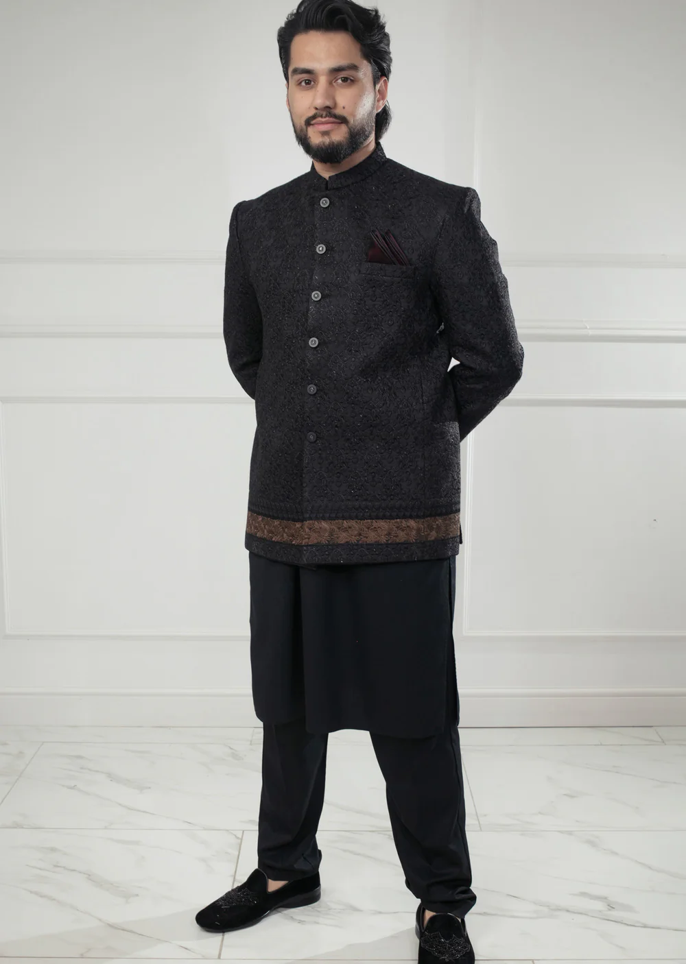 PC-704 - Black Mens Embroidered Prince Coat