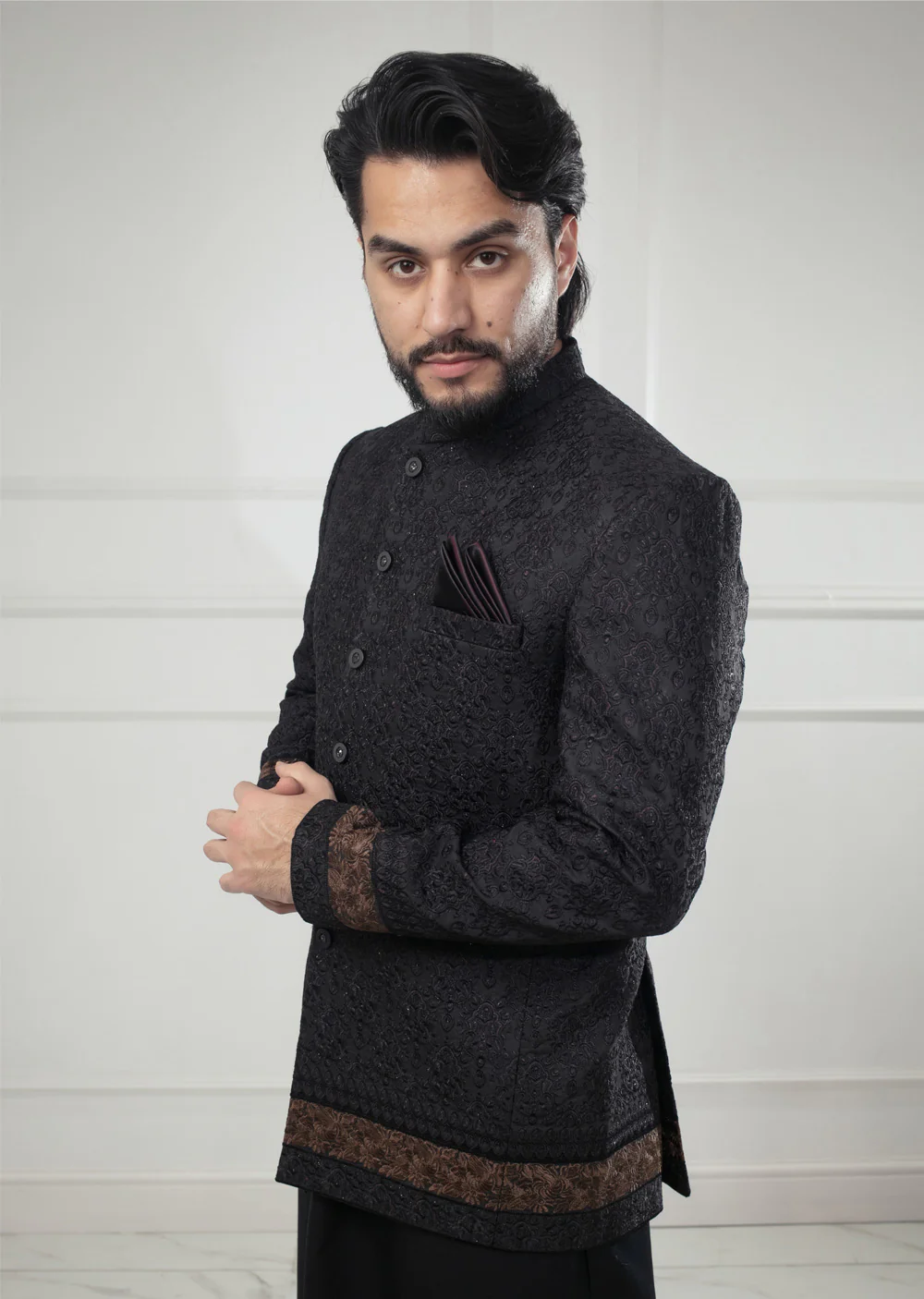PC-704 - Black Mens Embroidered Prince Coat - Image 6