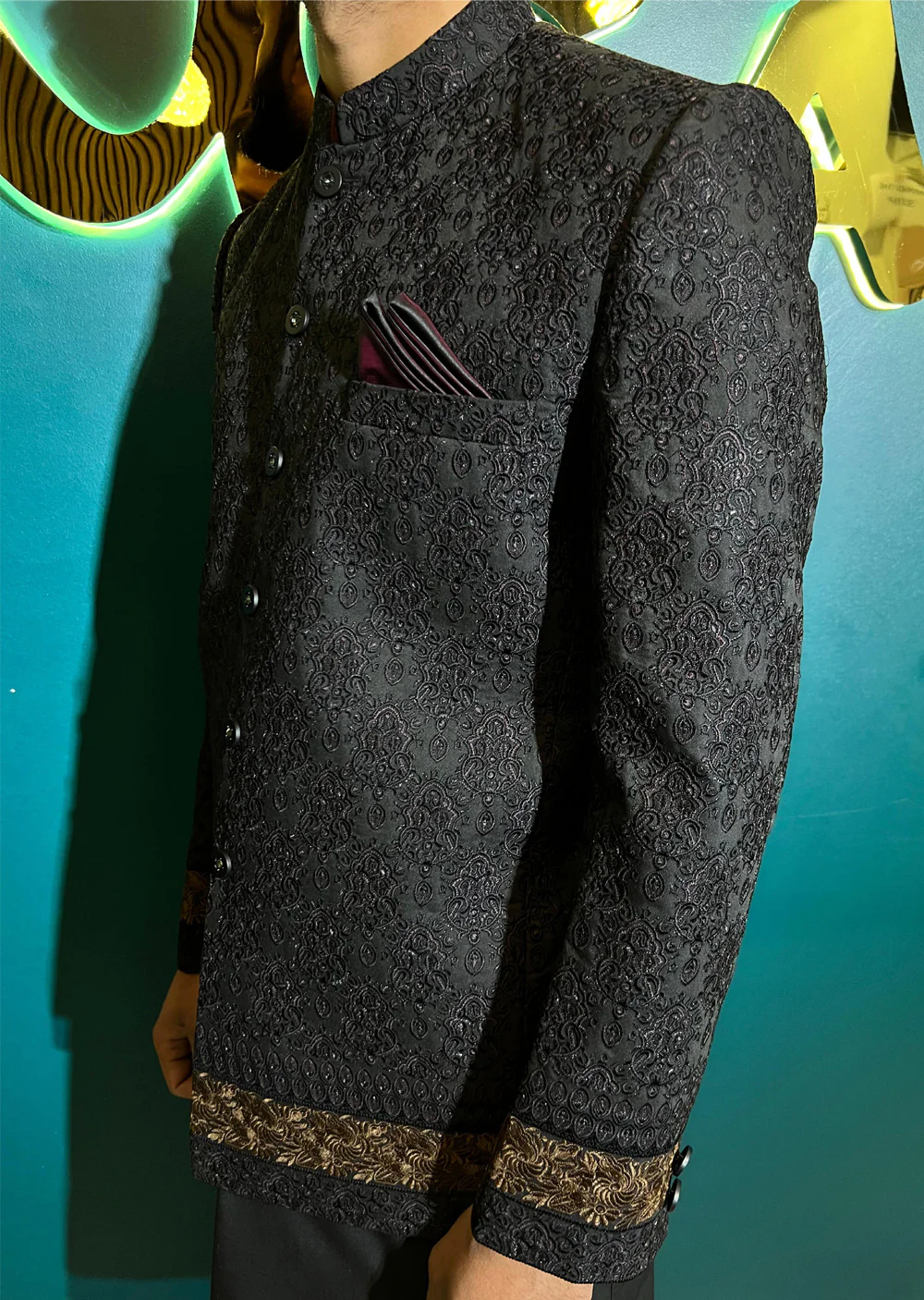 PC-704 - Black Mens Embroidered Prince Coat - Image 7