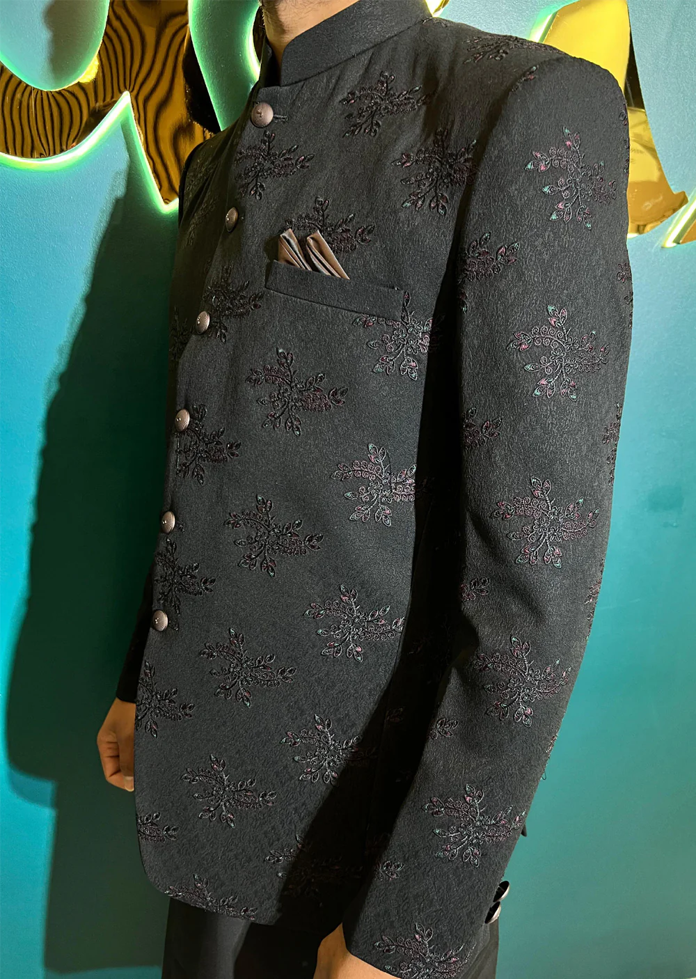PC-705 - Black Mens Embroidered Prince Coat - Image 7