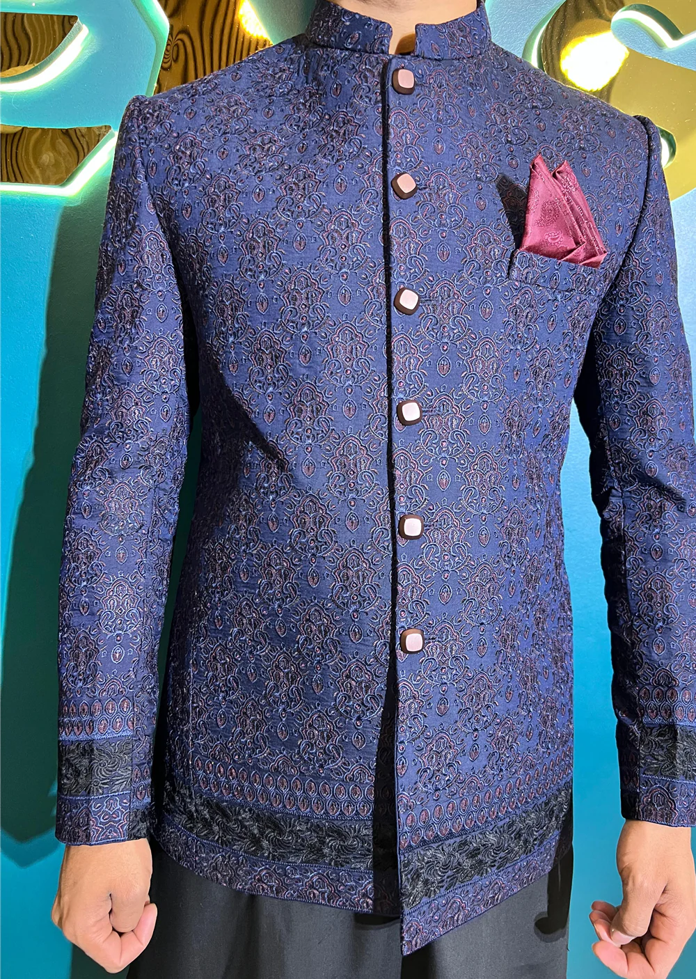 PC-707 - Navy Mens Embroidered Prince Coat - Image 7
