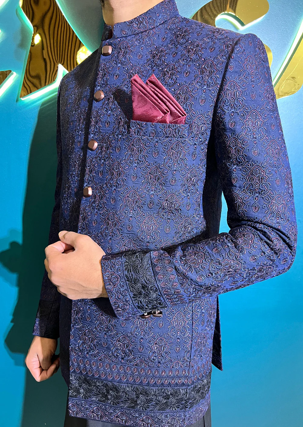 PC-707 - Navy Mens Embroidered Prince Coat - Image 8