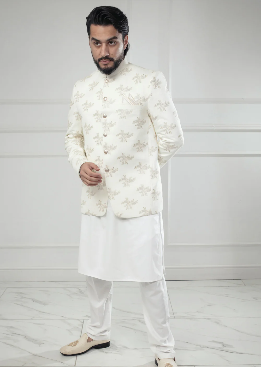PC-708 - Off White Mens Embroidered Prince Coat