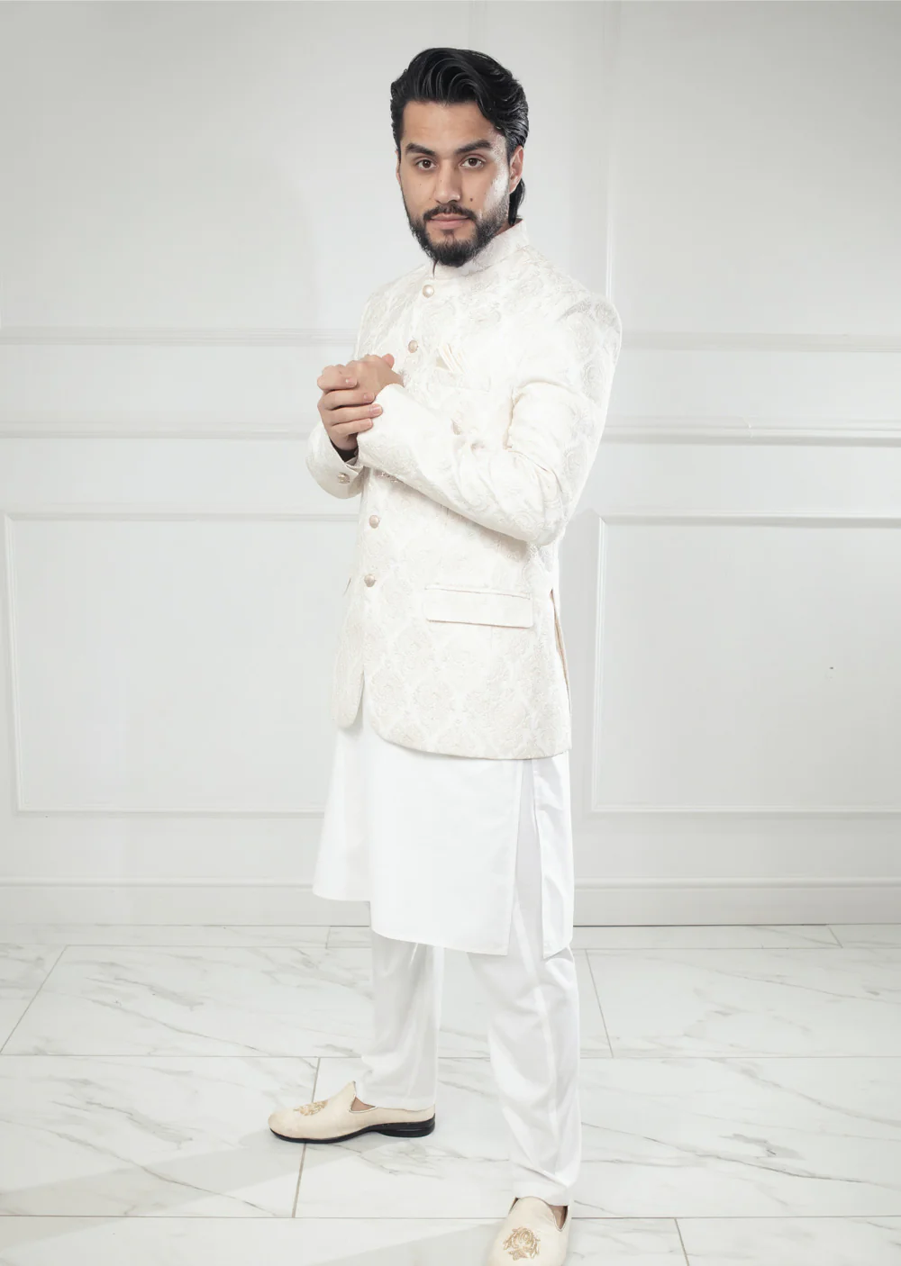 PC-710 - White Mens Embroidered Prince Coat - Image 3