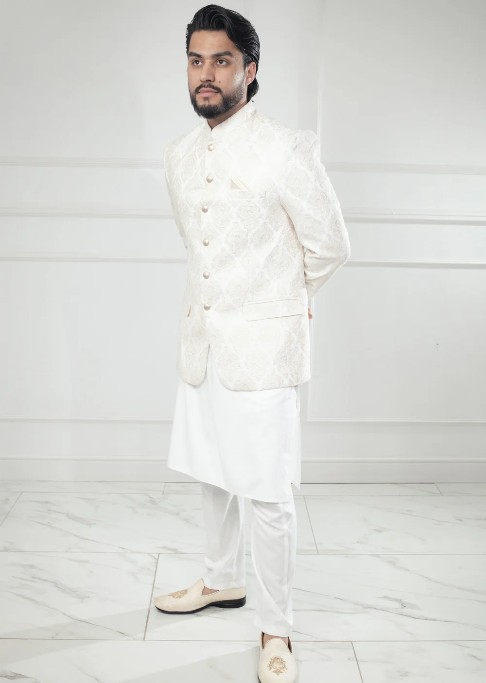 PC-710 - White Mens Embroidered Prince Coat - Image 5