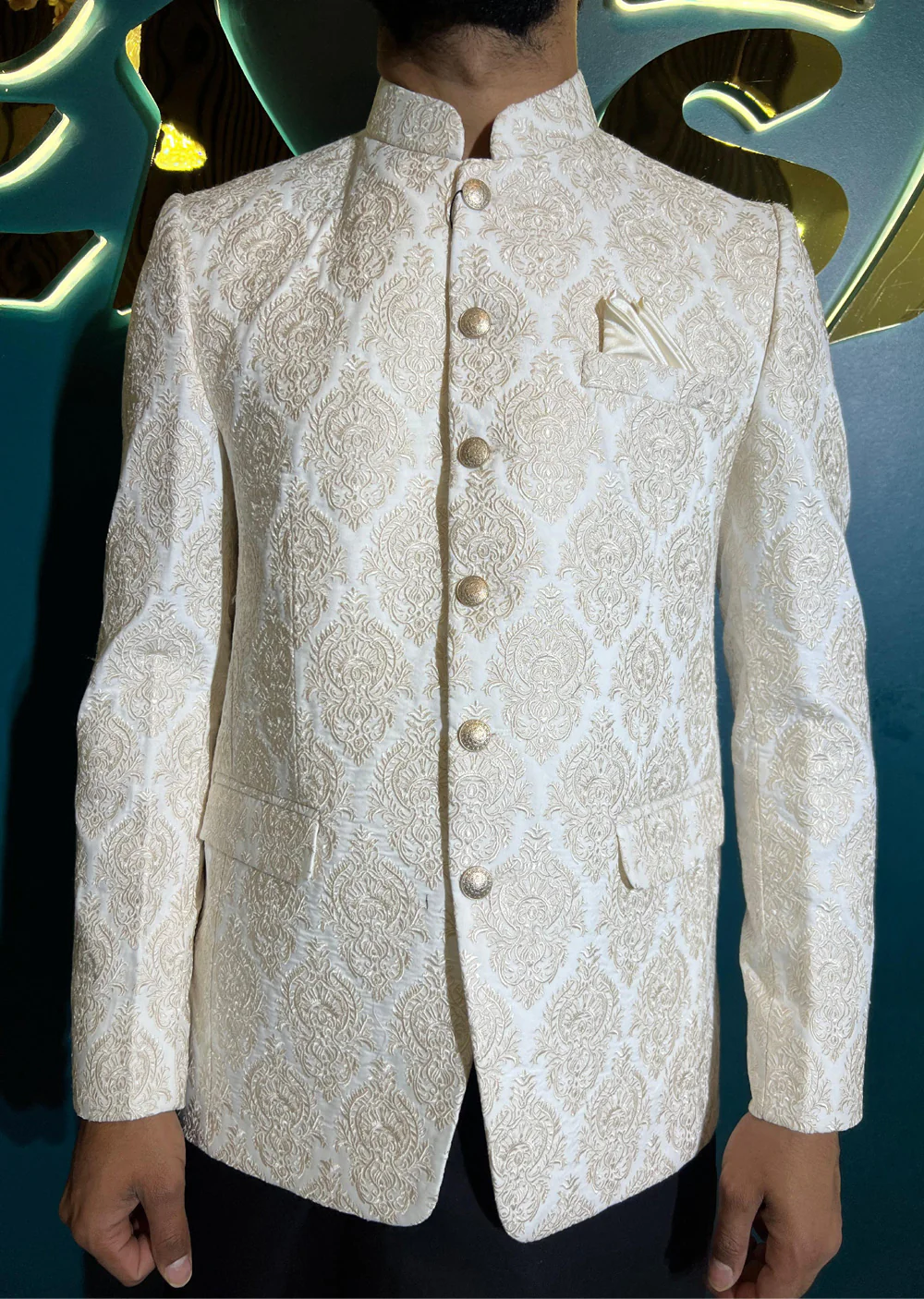 PC-710 - White Mens Embroidered Prince Coat - Image 6