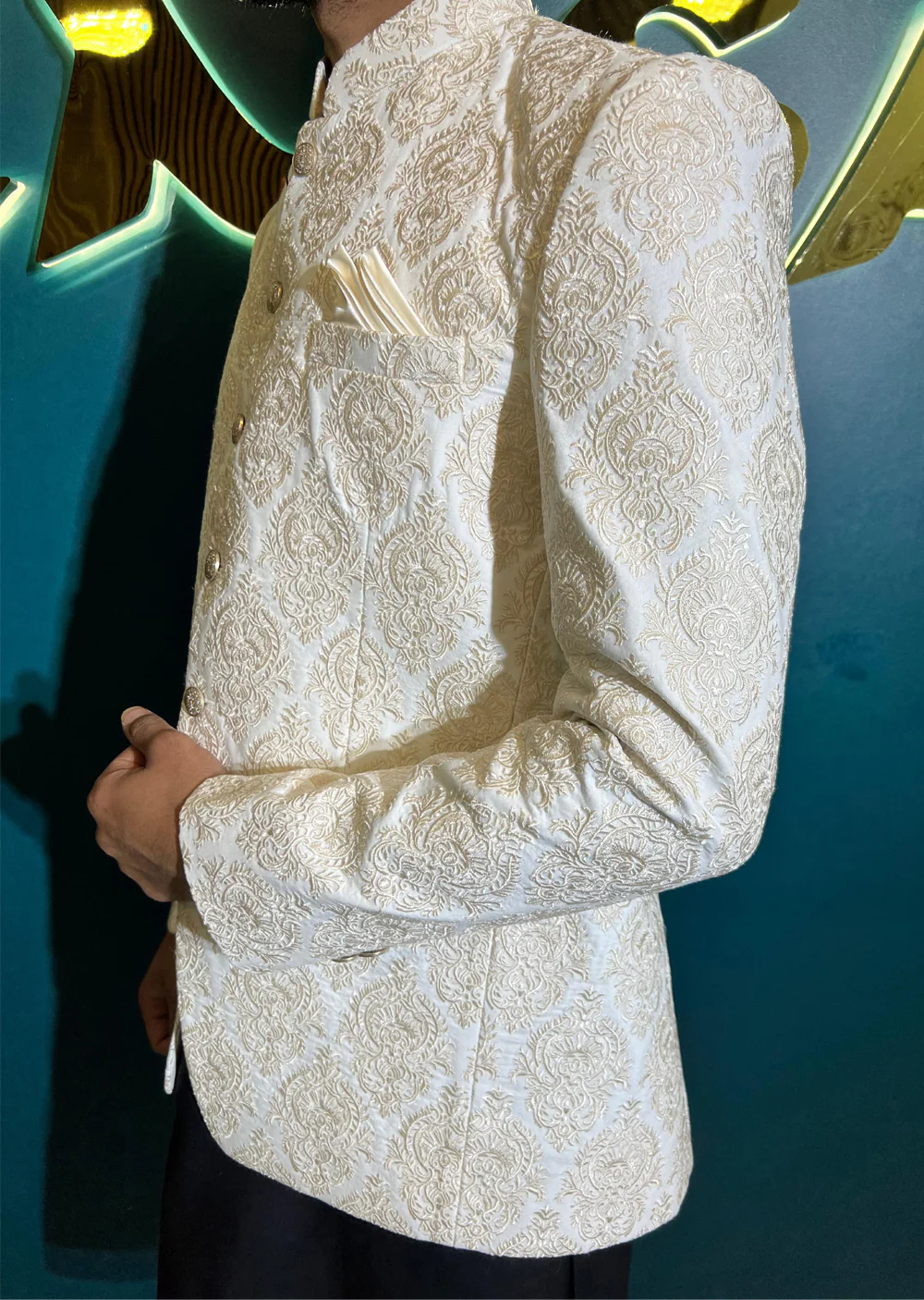 PC-710 - White Mens Embroidered Prince Coat - Image 7