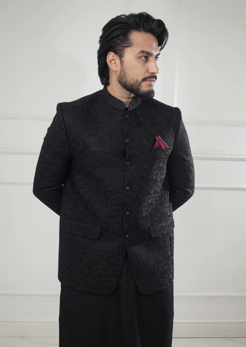 PC-711 - Black Mens Embroidered Prince Coat - Image 4