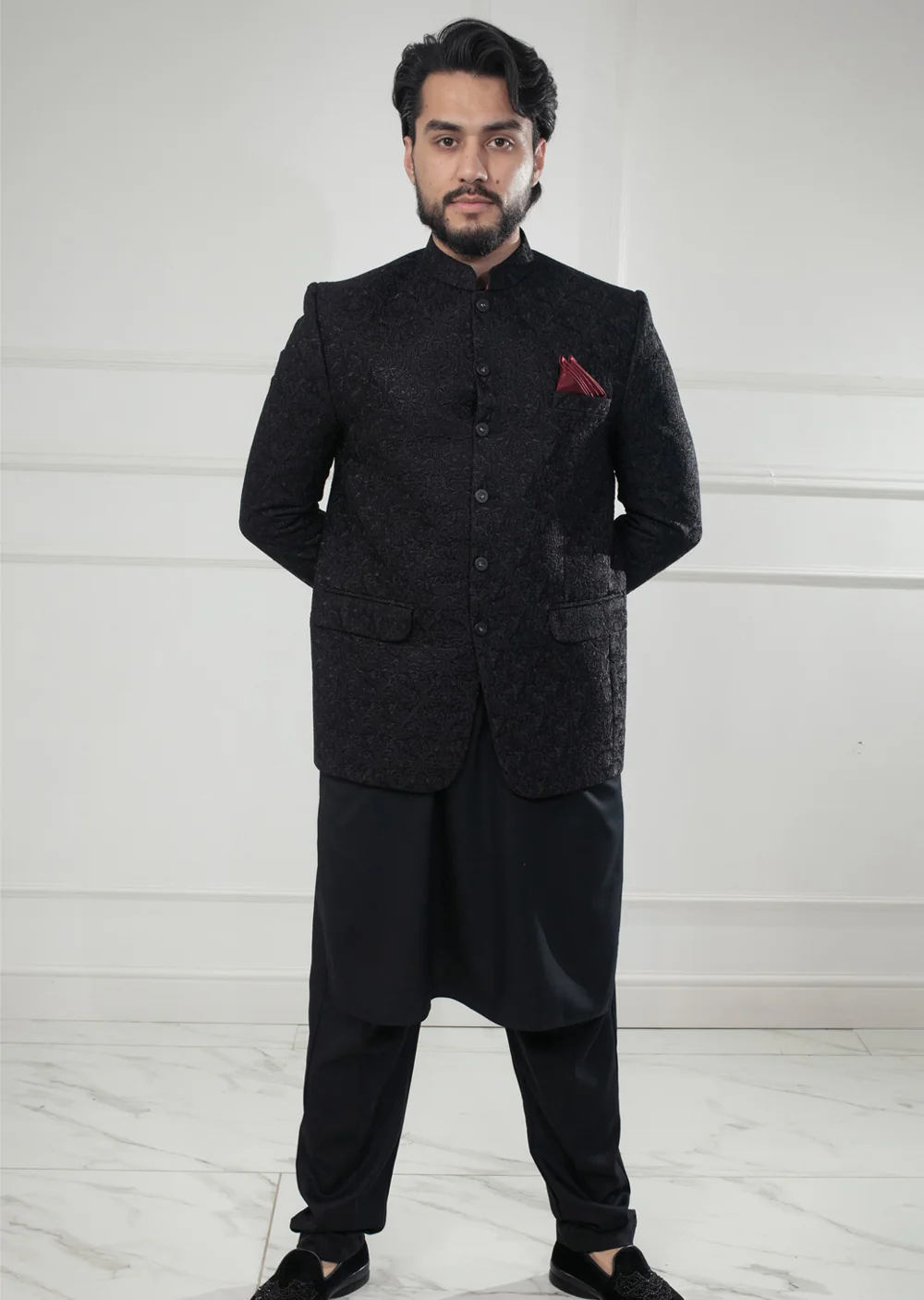 PC-711 - Black Mens Embroidered Prince Coat - Image 5