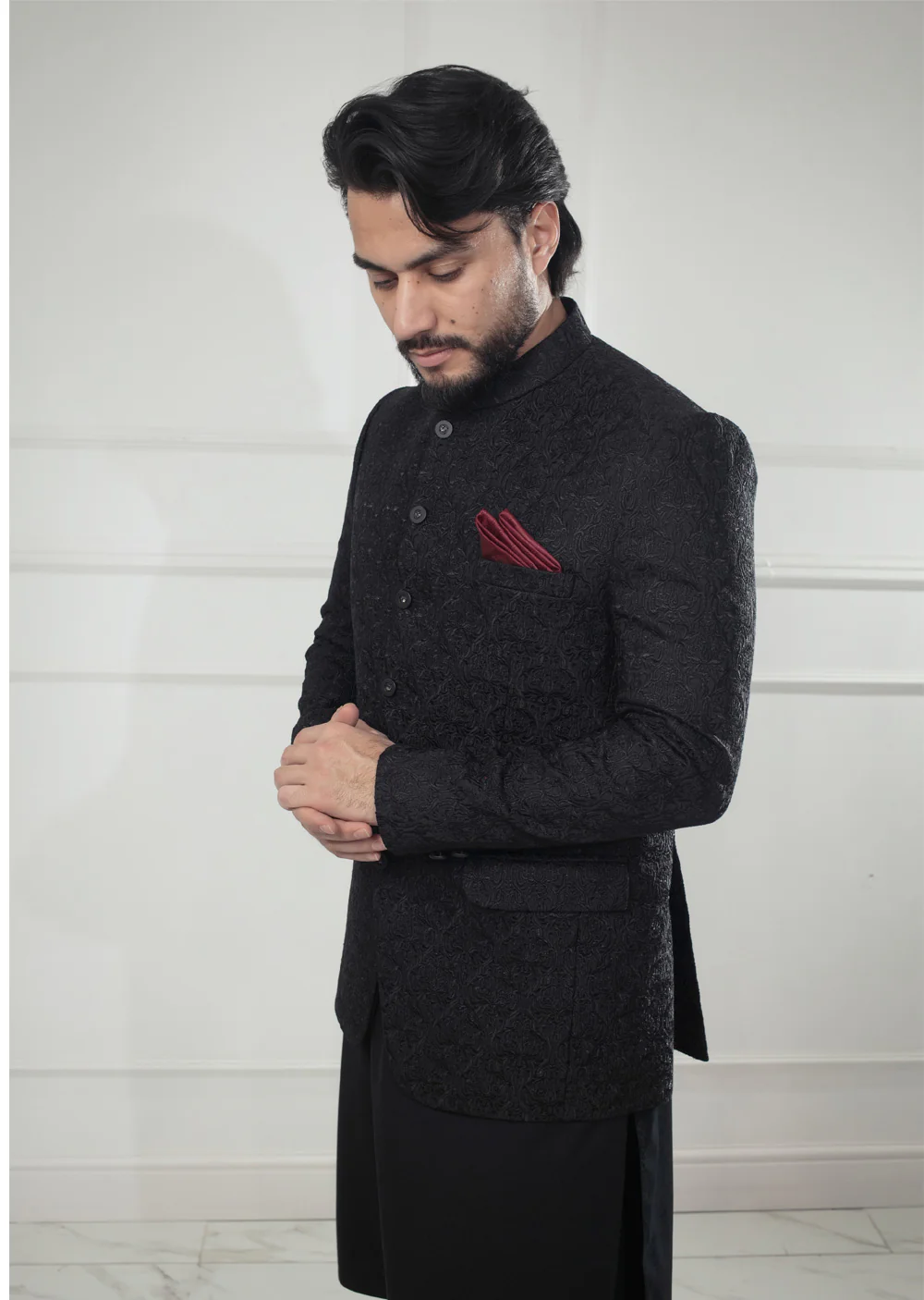 PC-711 - Black Mens Embroidered Prince Coat - Image 6