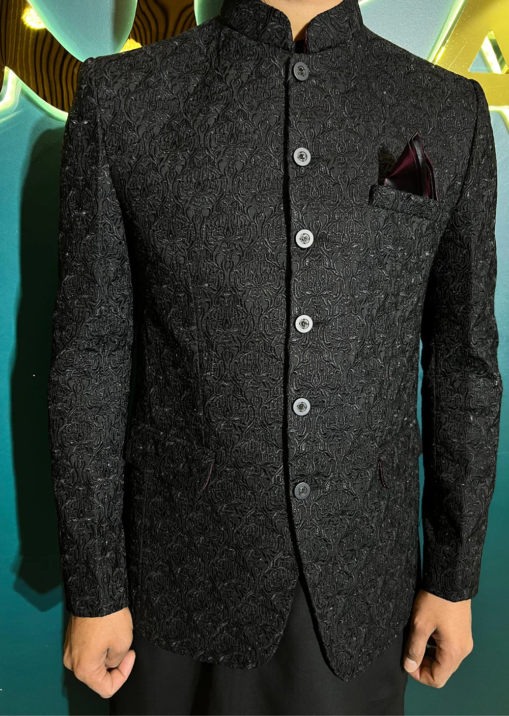 PC-711 - Black Mens Embroidered Prince Coat - Image 7