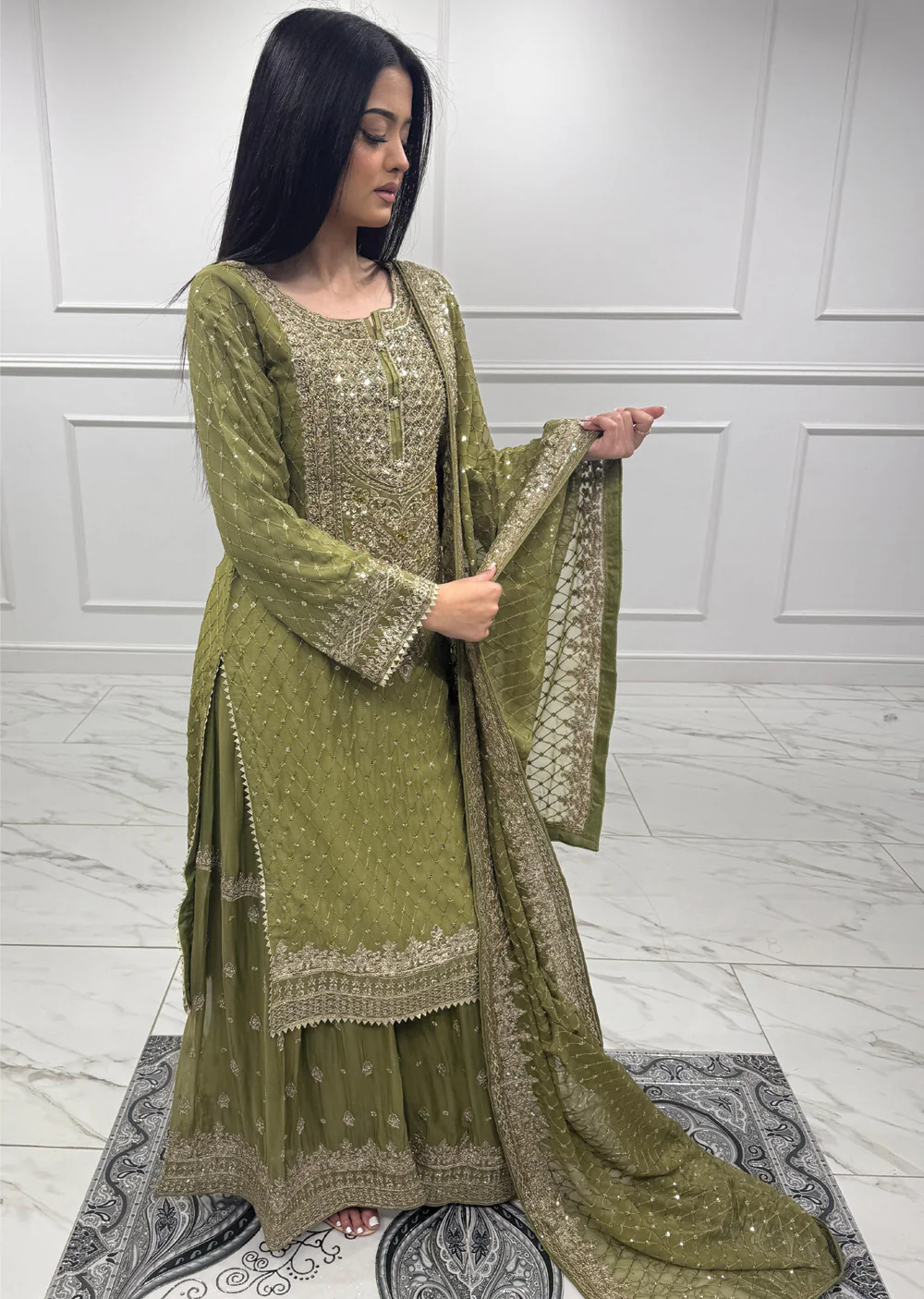 PS-1847 - Mehndi Green - Readymade Chiffon Suit 2025