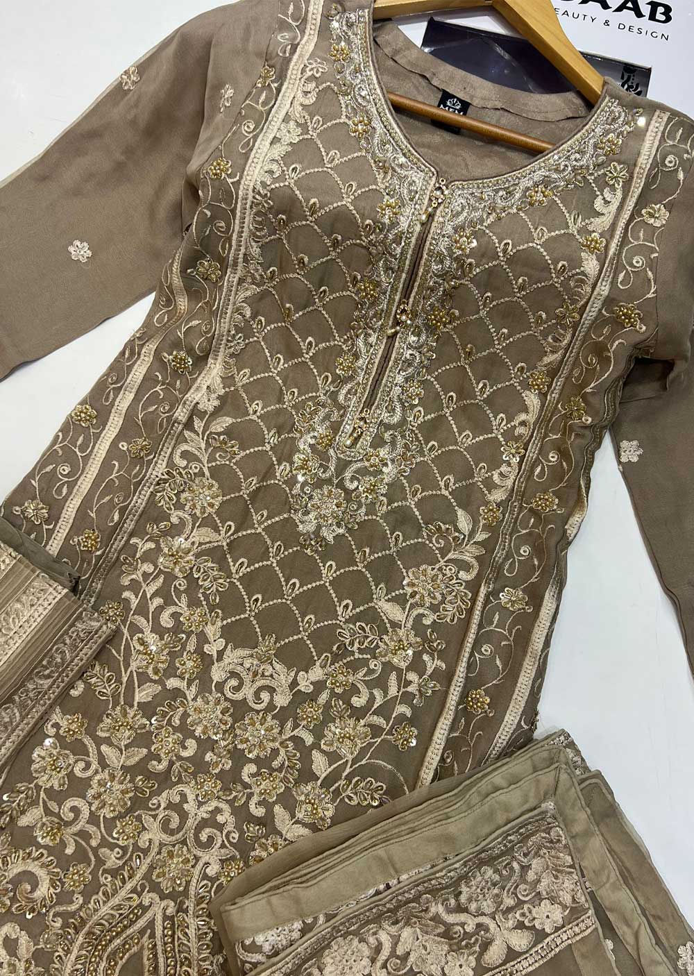 PS0782 Readymade Beige Chiffon Suit - Image 2