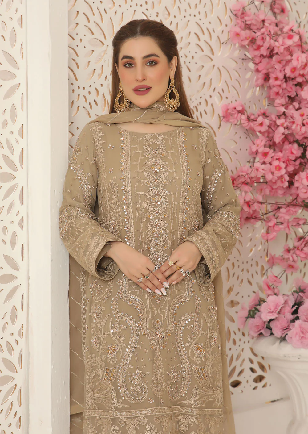 PS0782 Readymade Beige Chiffon Suit - Image 4