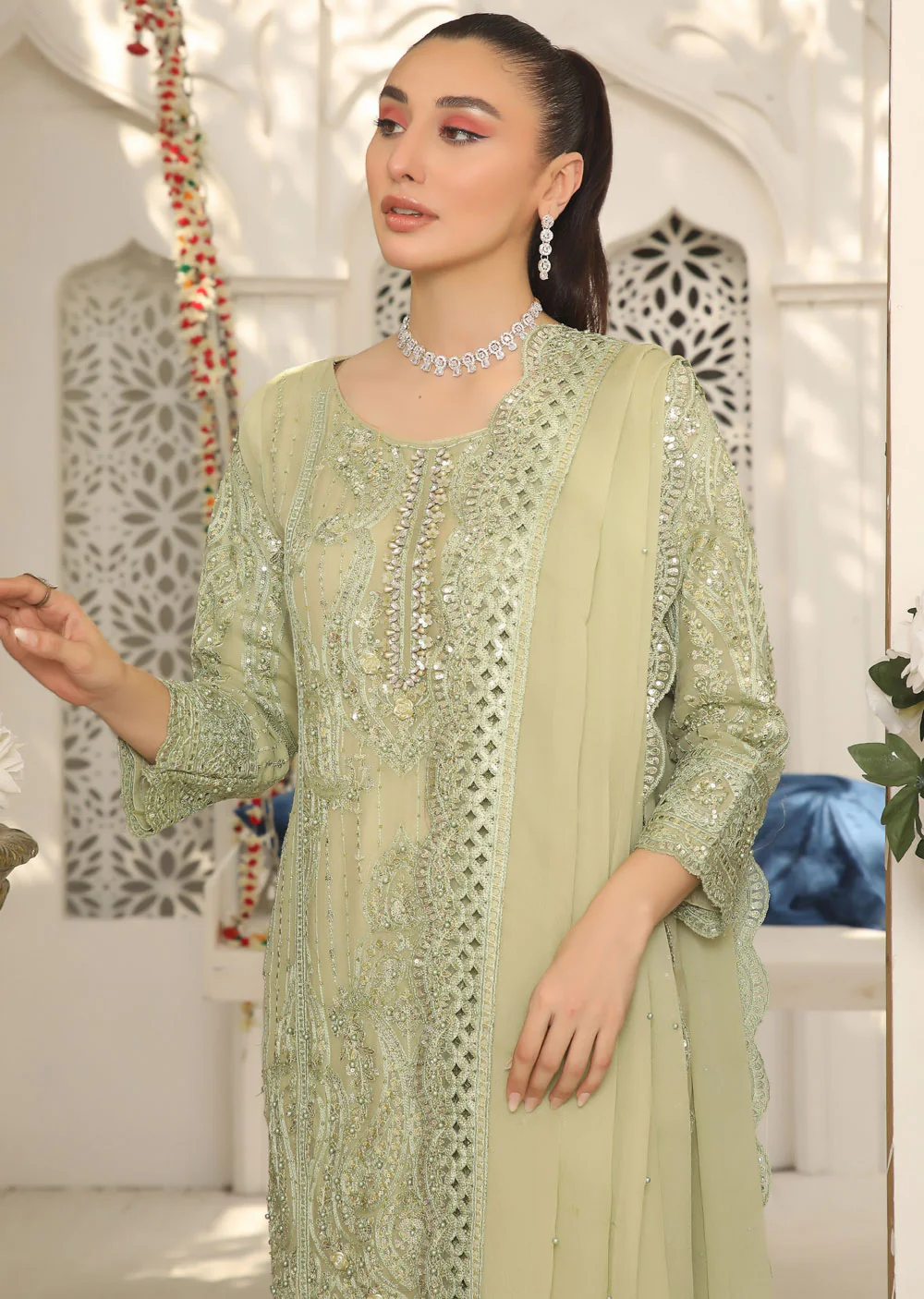 PS1168 Green Readymade Chiffon Suit - Image 3