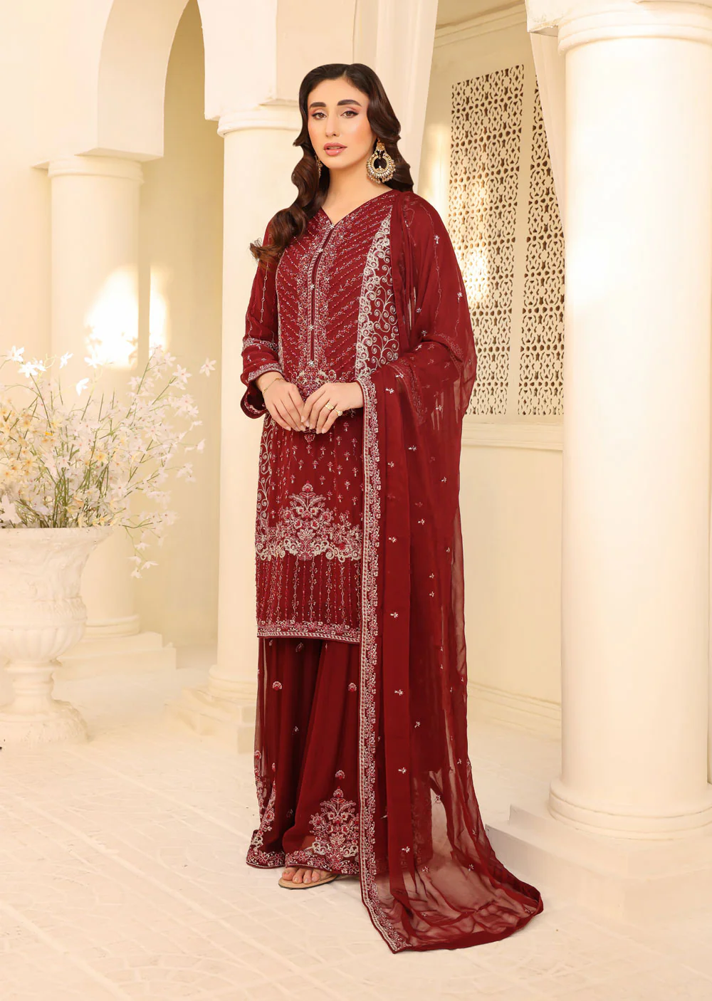 PS1201 Readymade Maroon Chiffon Suit