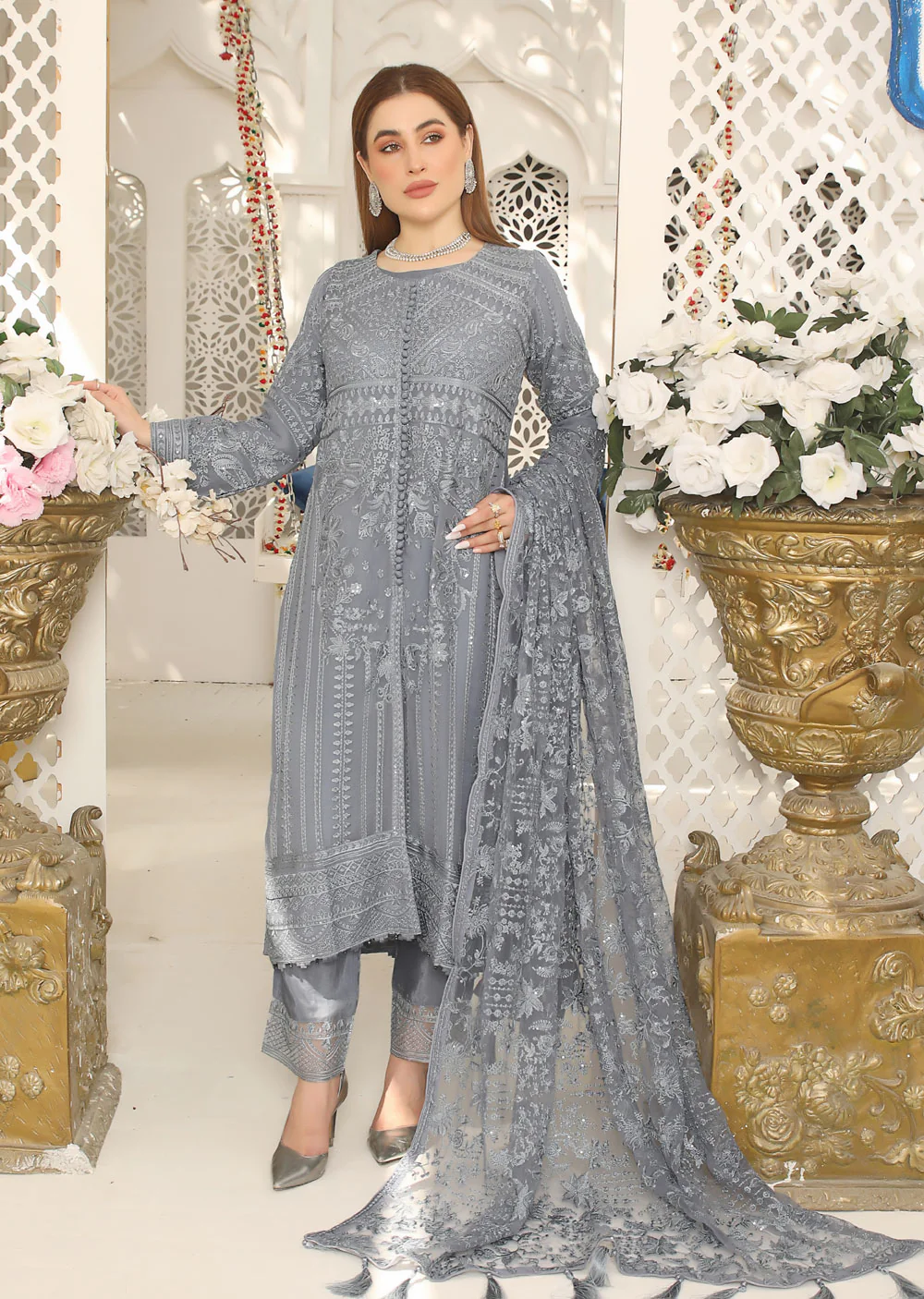 PS1664 Grey Readymade Chiffon Suit