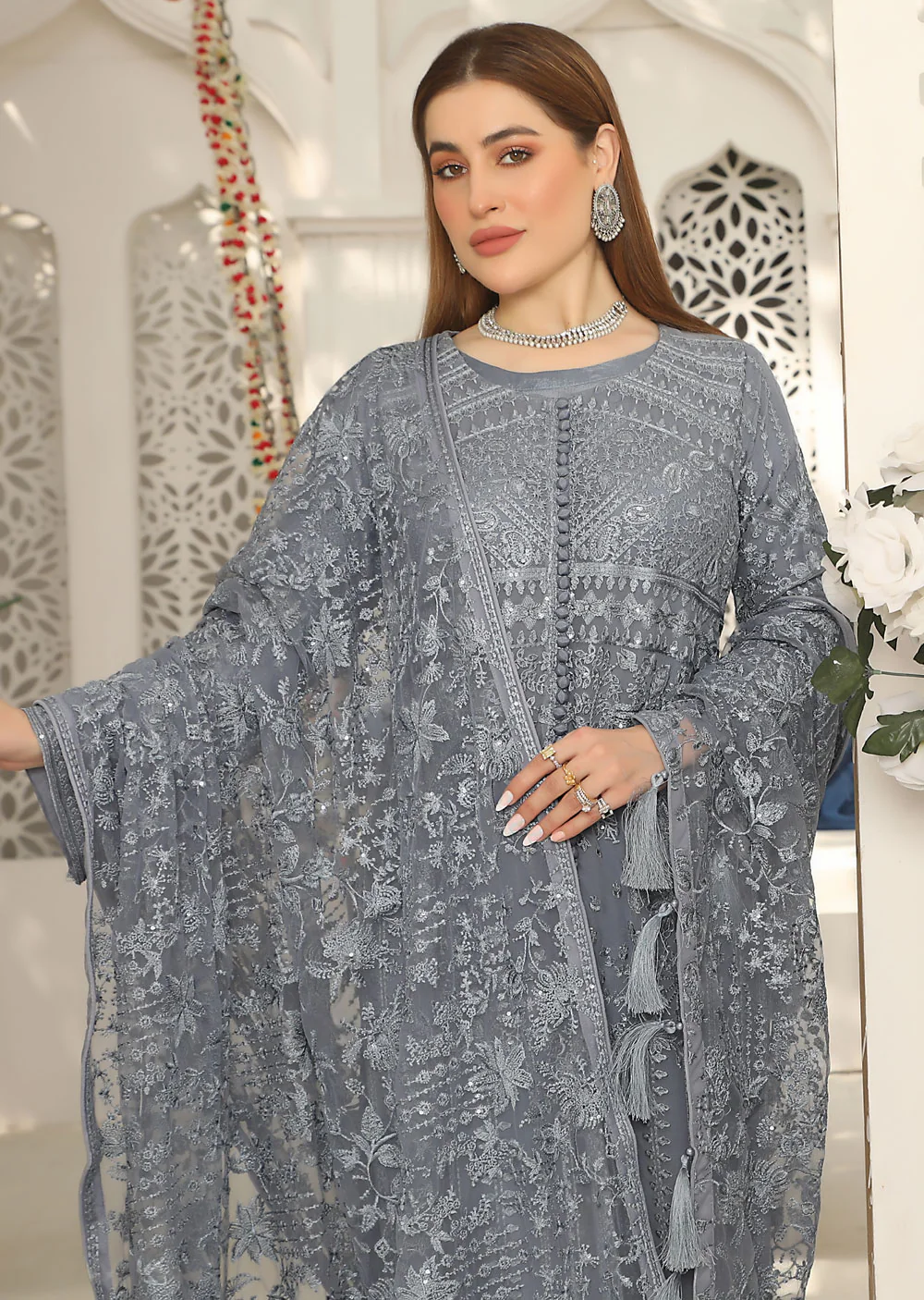PS1664 Grey Readymade Chiffon Suit - Image 2