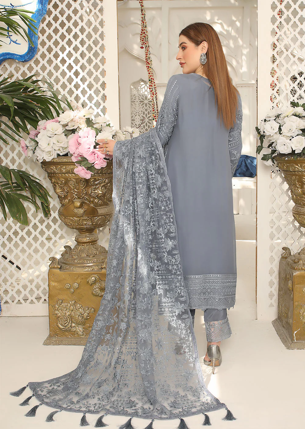 PS1664 Grey Readymade Chiffon Suit - Image 3
