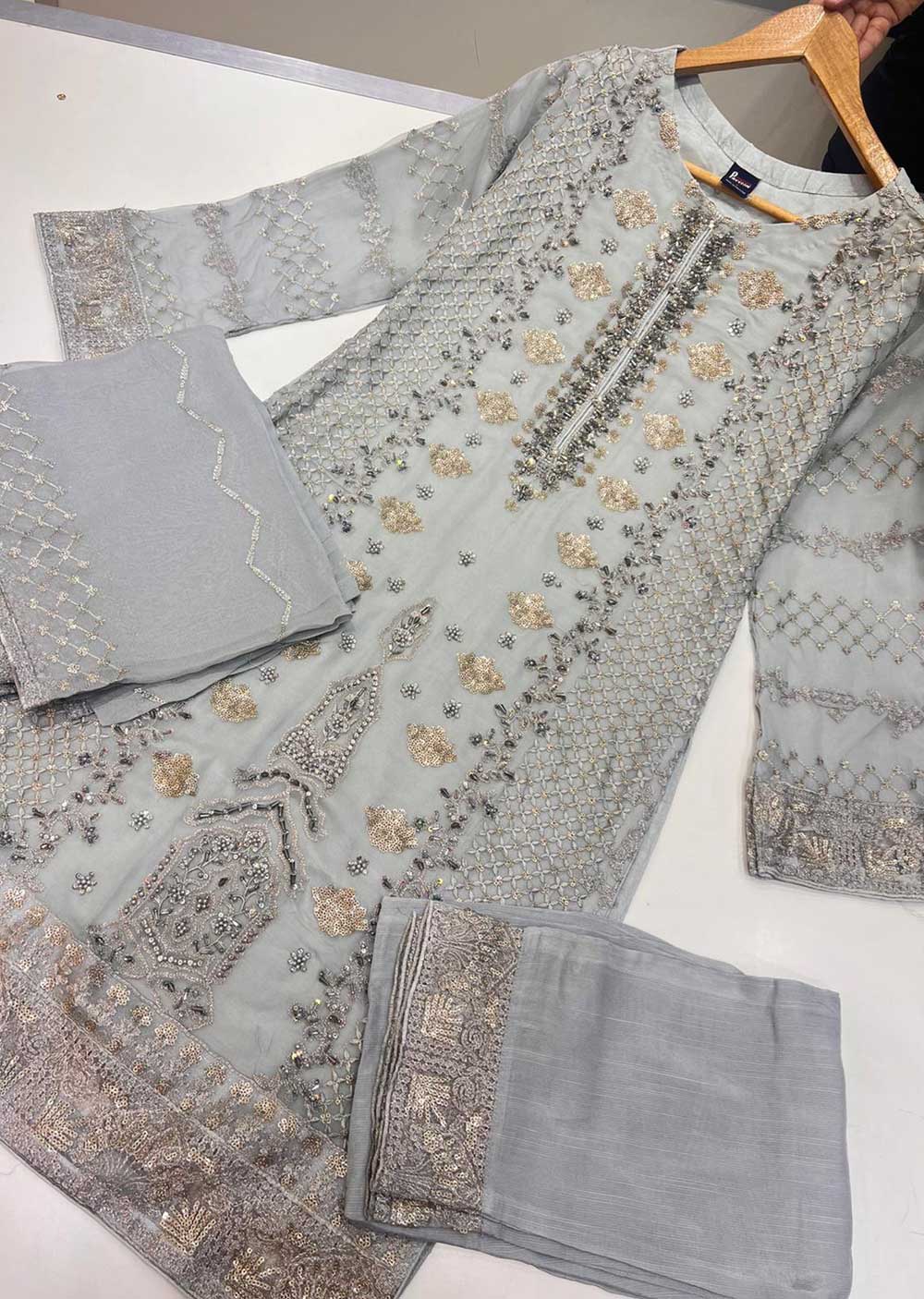 PS1679 Grey Readymade Chiffon Suit - Image 2