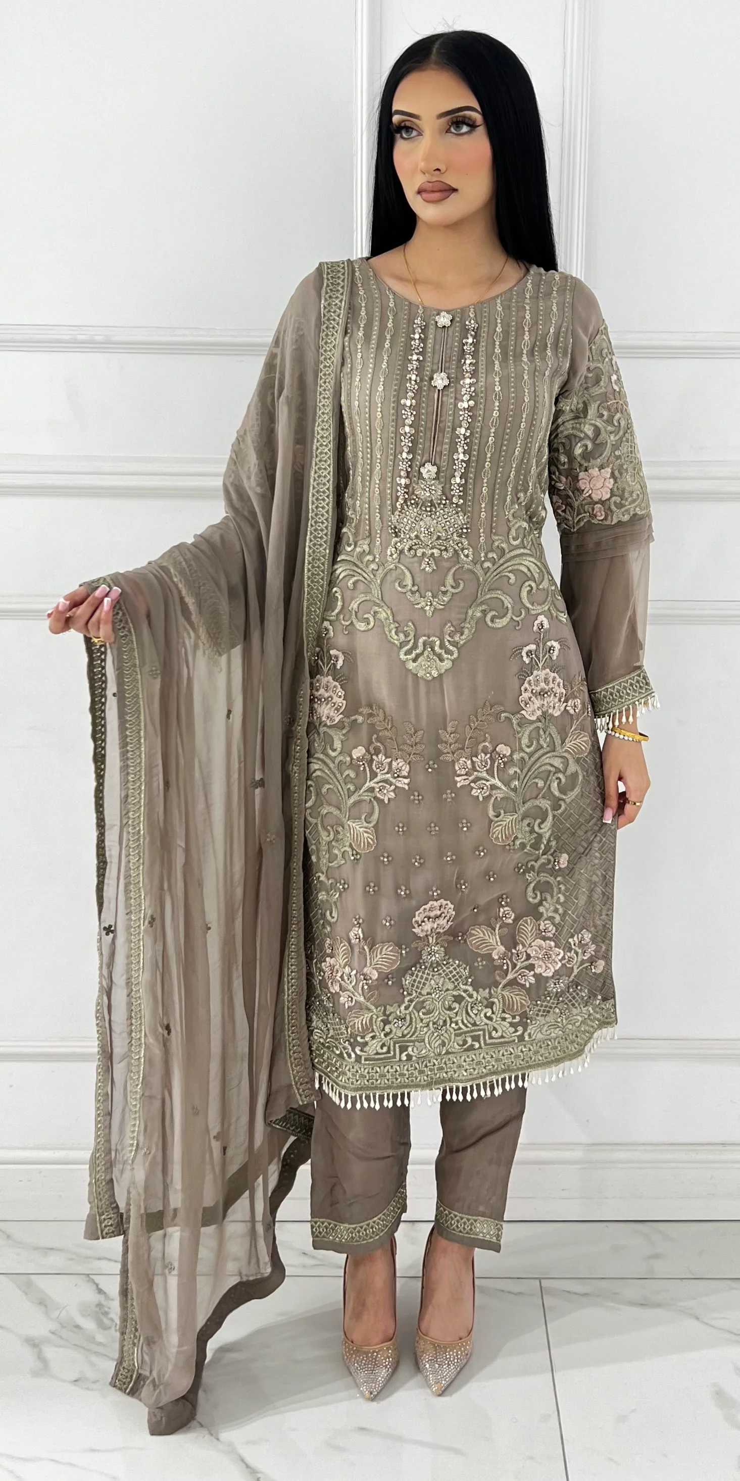 PS1729 Grey Readymade Chiffon Suit - Image 3