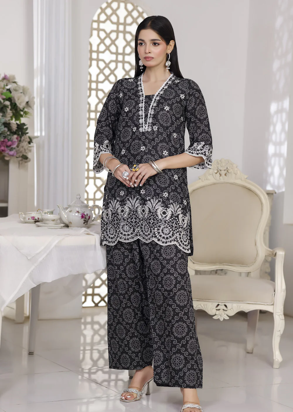 RBY-110 - RABIYA -Black Cotton 2 Piecce Co-ord Farshi