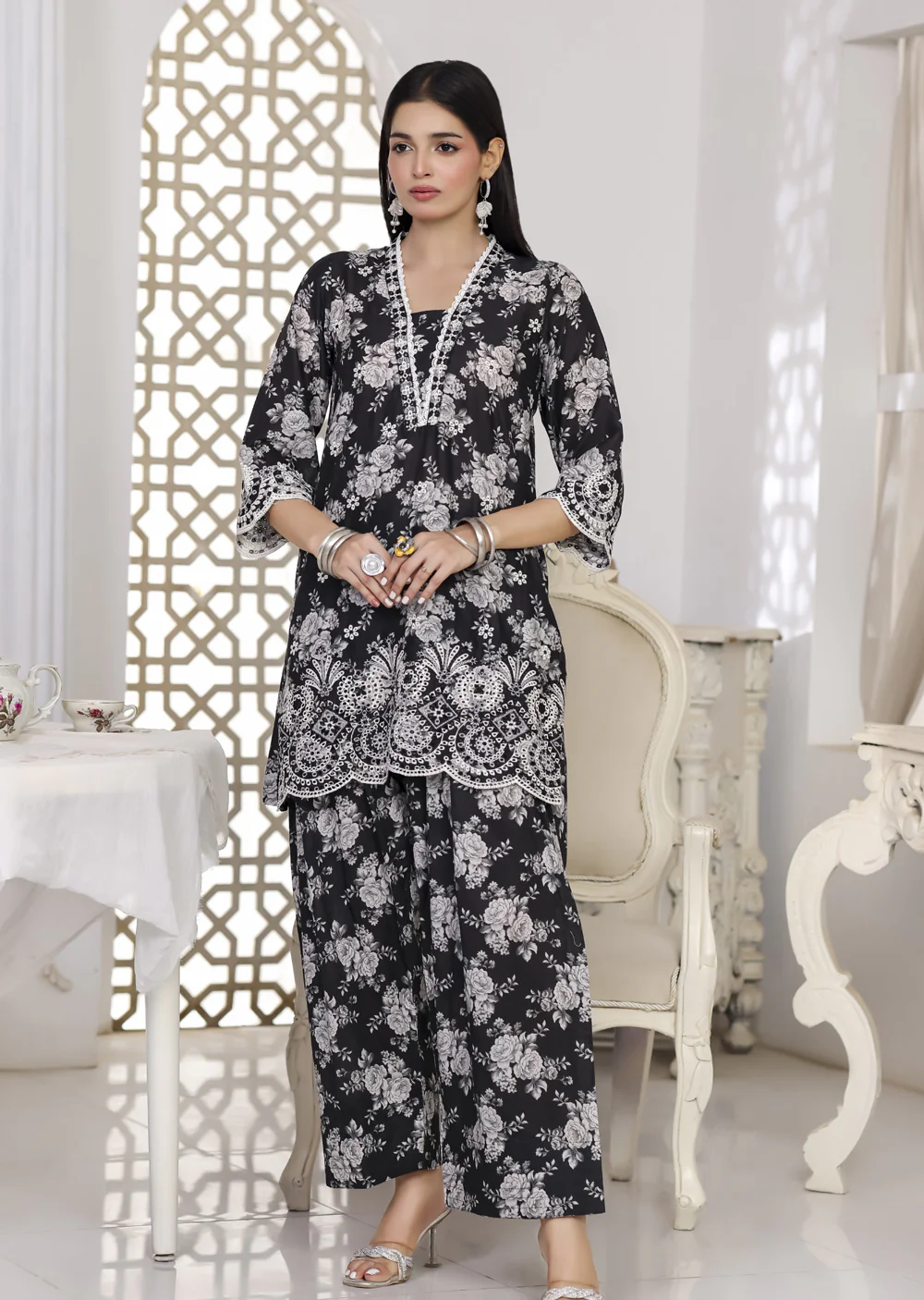 RBY-111 - RABIYA -Black Cotton 2 Piecce Co-ord Farshi