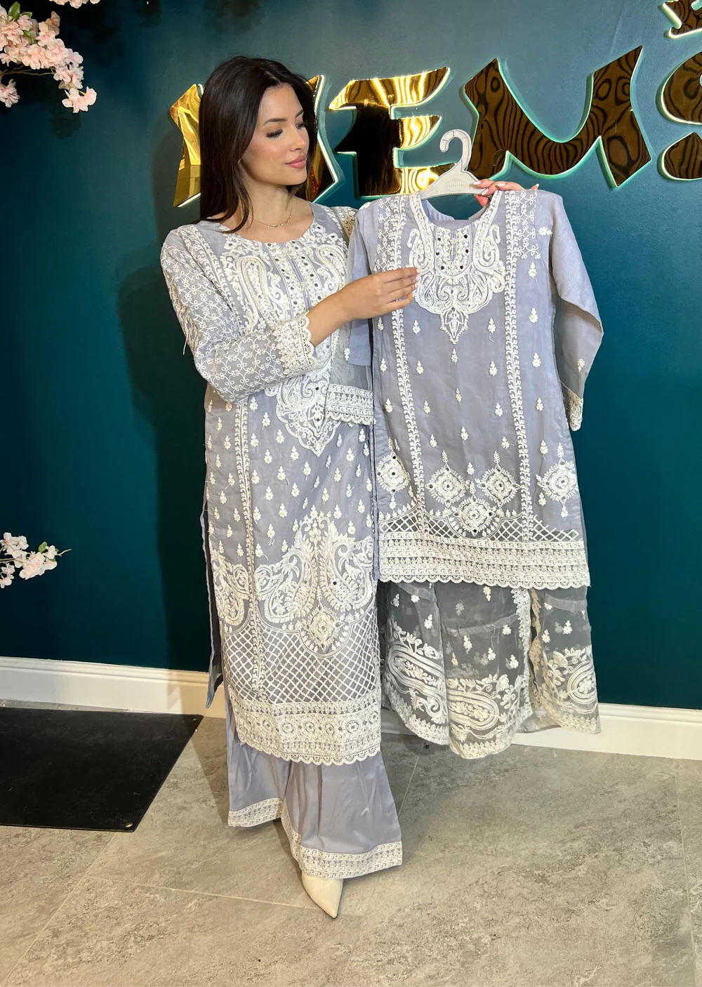 RGZ4013 Readymade Organza Pearl Grey Suit Mummy and Me