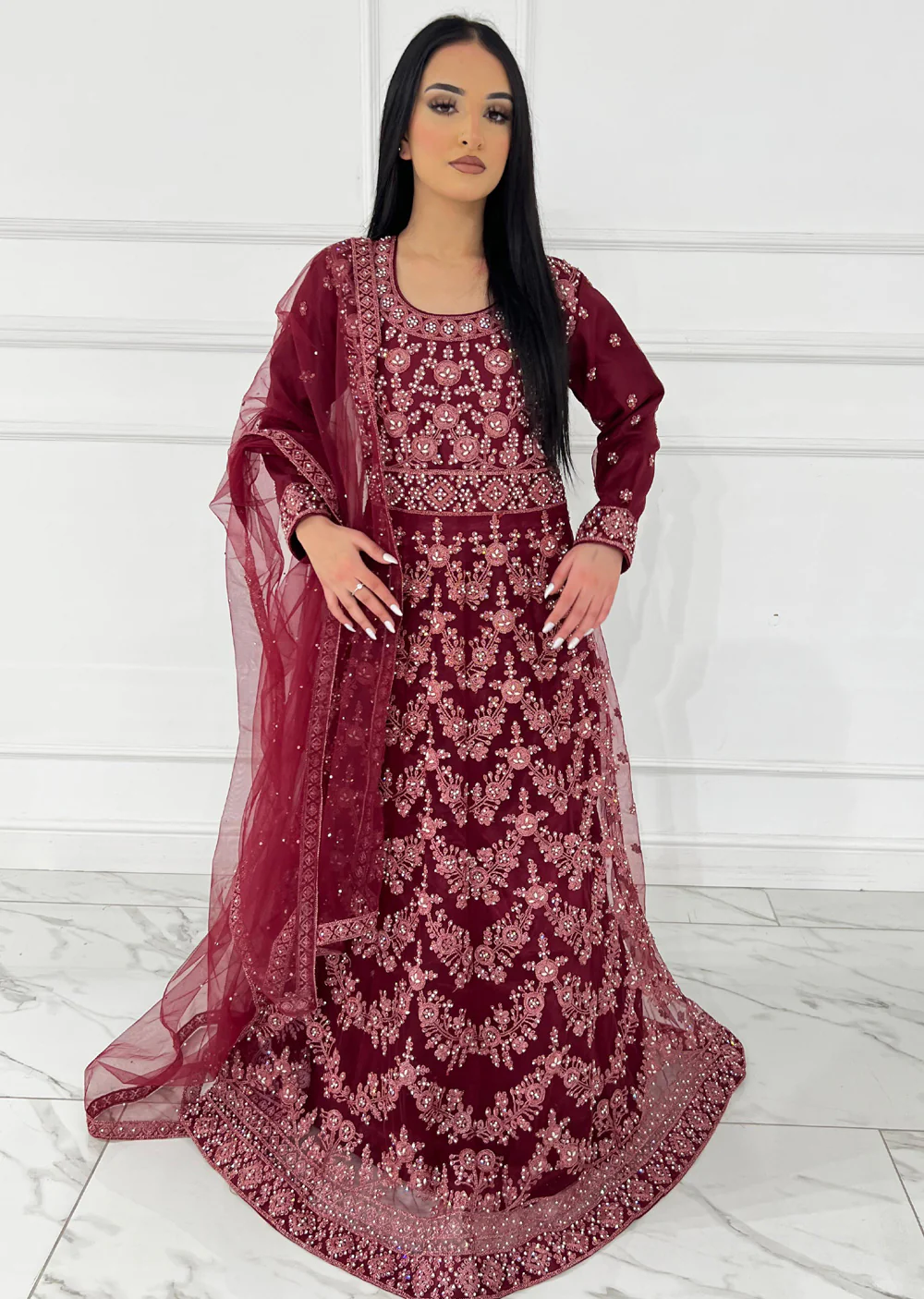 RH2113 Arya - Maroon Fancy Net Maxi Dress