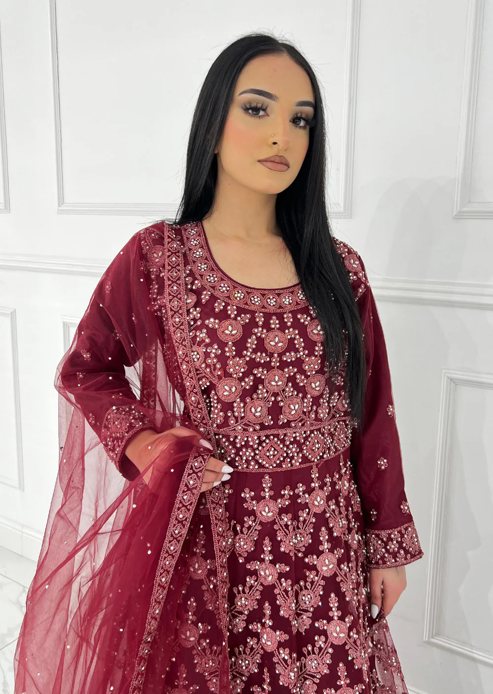 RH2113 Arya - Maroon Fancy Net Maxi Dress - Image 4