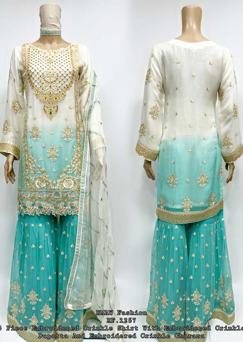 RMW-1257 White/Turquoise Partywear Chiffon Suit