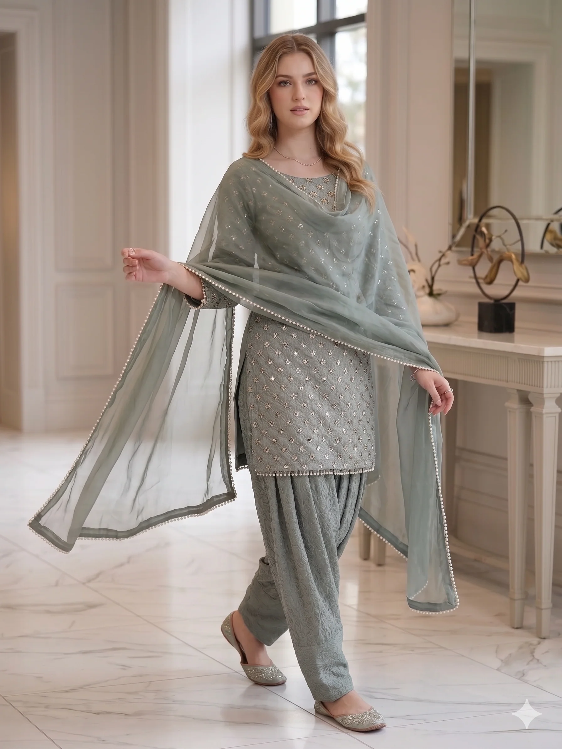 SFSH-18 - Elegant Lace & Pearl Embroidered Suit - Image 15
