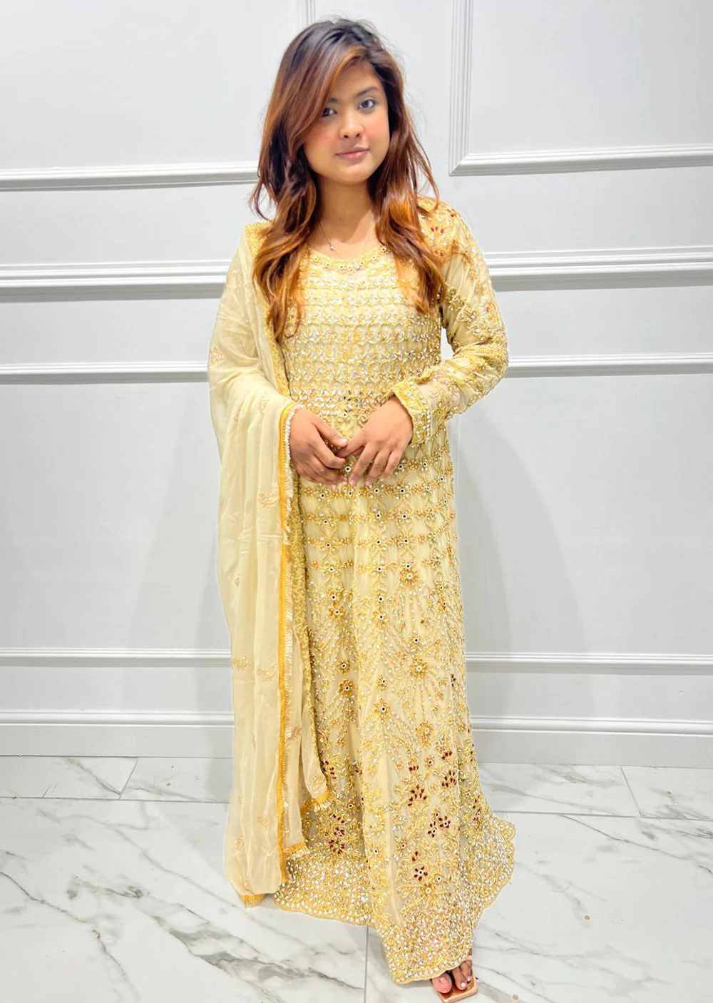 SHAZ9003 Gold Readymade Chiffon Party Gown