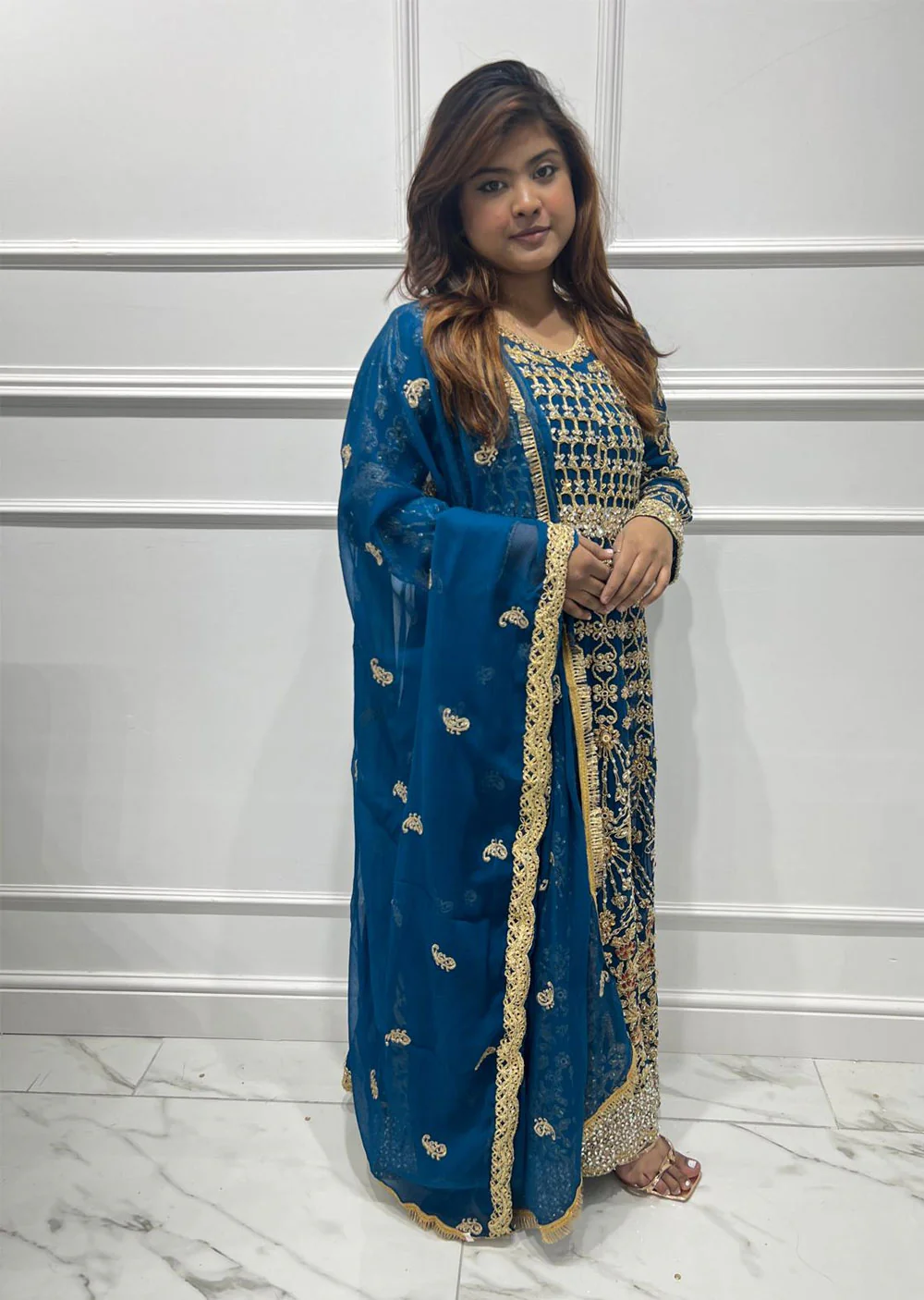 SHAZ9003 Teal Readymade Chiffon Party Gown - Image 2