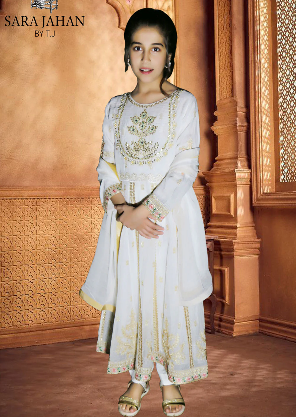 SJ-032 White Readymade kids Fancy Chiffon Suit