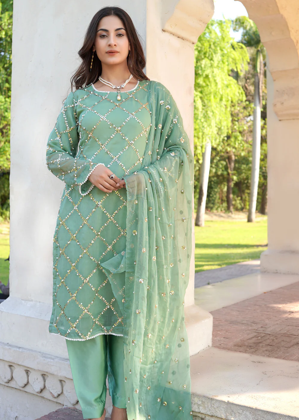 SMR3107 Quratulaine - Green Chiffon Suit
