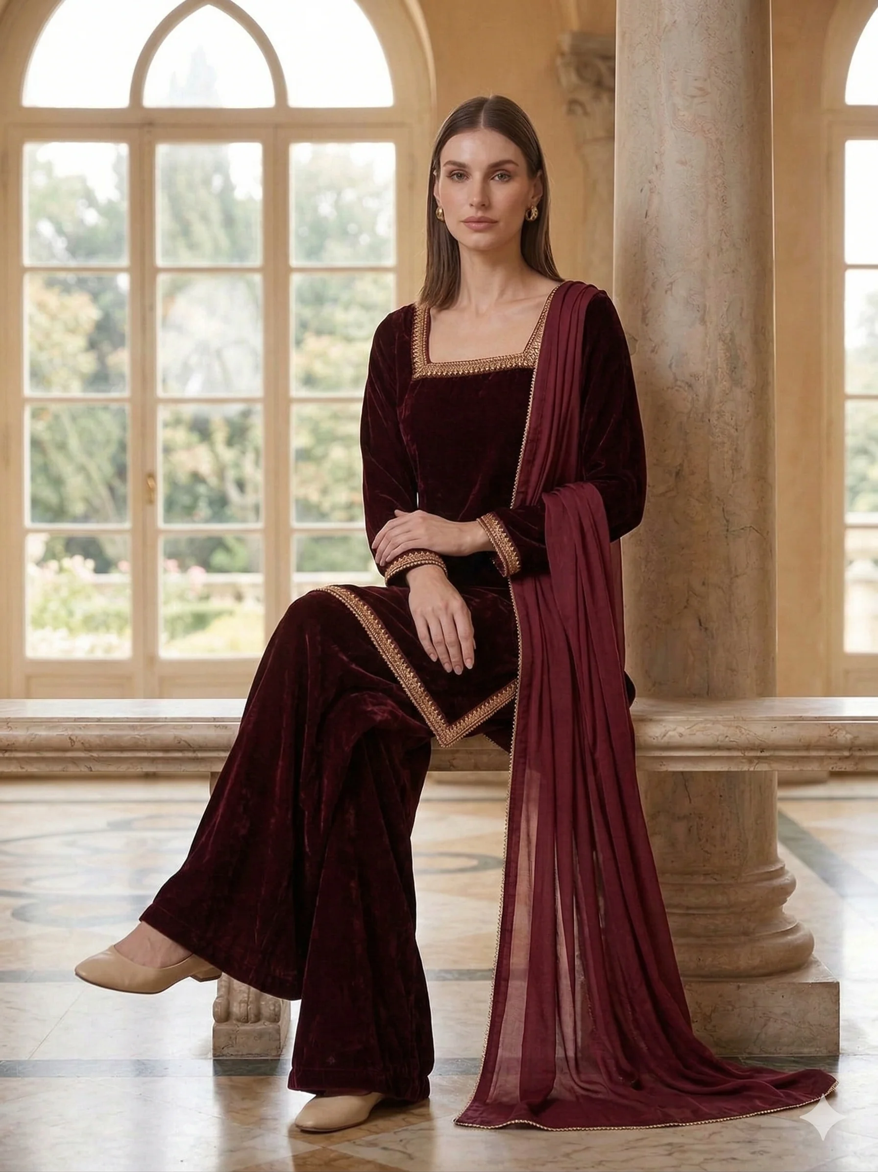 SRB2709 -Readymade Maroon Velvet Sehrish B Formals - Image 4