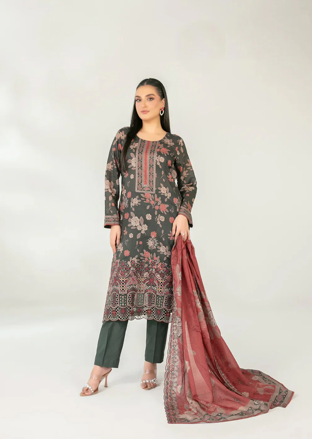 TWD-3765 Embroidered Digital Printed Fancy Lawn 3-Piece Suit