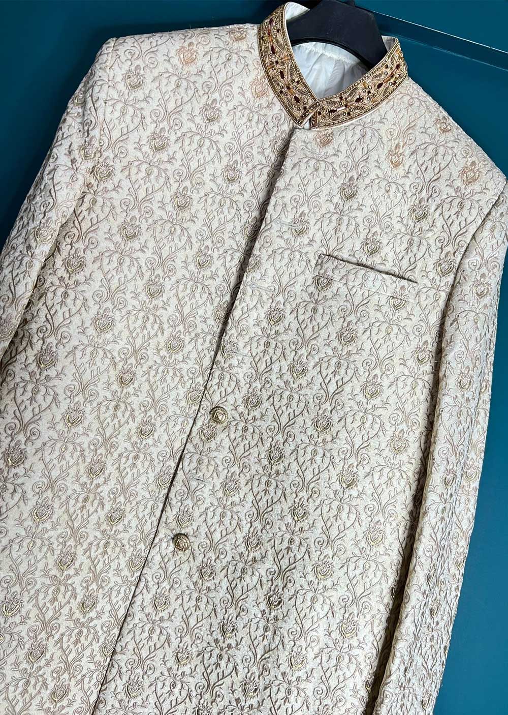 UB-005 Embroidered Light Gold Mens Sherwani - Image 3