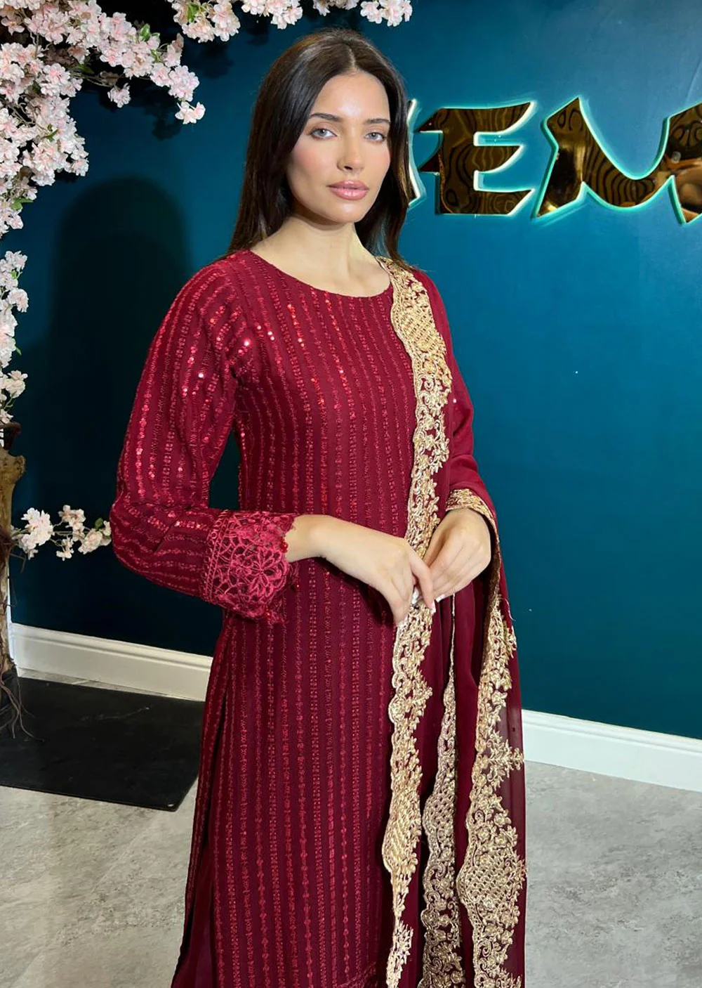 UMR901 Rixos - Maroon Memsaab Formal Chiffon Suit - Image 3